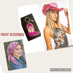 NEW ASOS ASYOU PRETTY PINK COWBOY HAT SPLICED ANIMAL PRINT FREE KEYCHAIN & SCARF